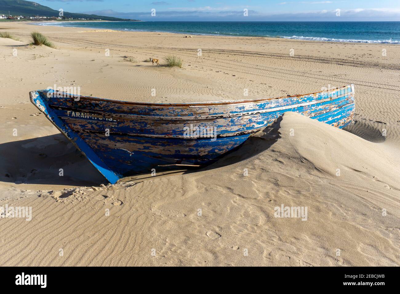 A colorful wreck of an old wooden rowboat buried in the sand Stock Photo