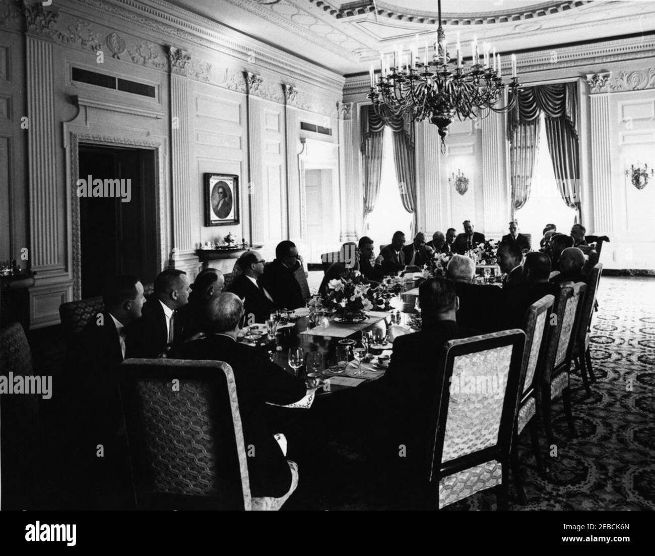 Luncheon for Michigan Editors u0026 Publishers, 1:00PM. President John F. Kennedy and White House Press Secretary Pierre Salinger attend a luncheon for Michigan newspaper editors and publishers in the State Dining Room, White House, Washington, D.C. Guests include: Stanley R. Banyon; W.A. Butler; Harold A. Fitzgerald; J.S. Gray; Martin S. Hayden; Lee Hills; J.A. McDonald; Mark T. McKee, Jr.; Philip F. Miller; Robert B. Miller; George A. Osborn; Longworth Quinn; John u201cJacku201d Rice; Philip T. Rich; Phil Richards; Vidian Roe; Walter Rummel; Dale Stafford; James M. Tagg; F. Granger Weil; Stock Photo