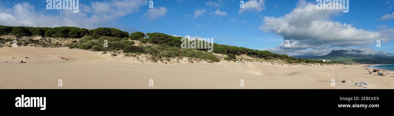 A panorama landscape of Bolonia Beach and sand dune on the Costa de la Luz in Andalusia Stock Photo