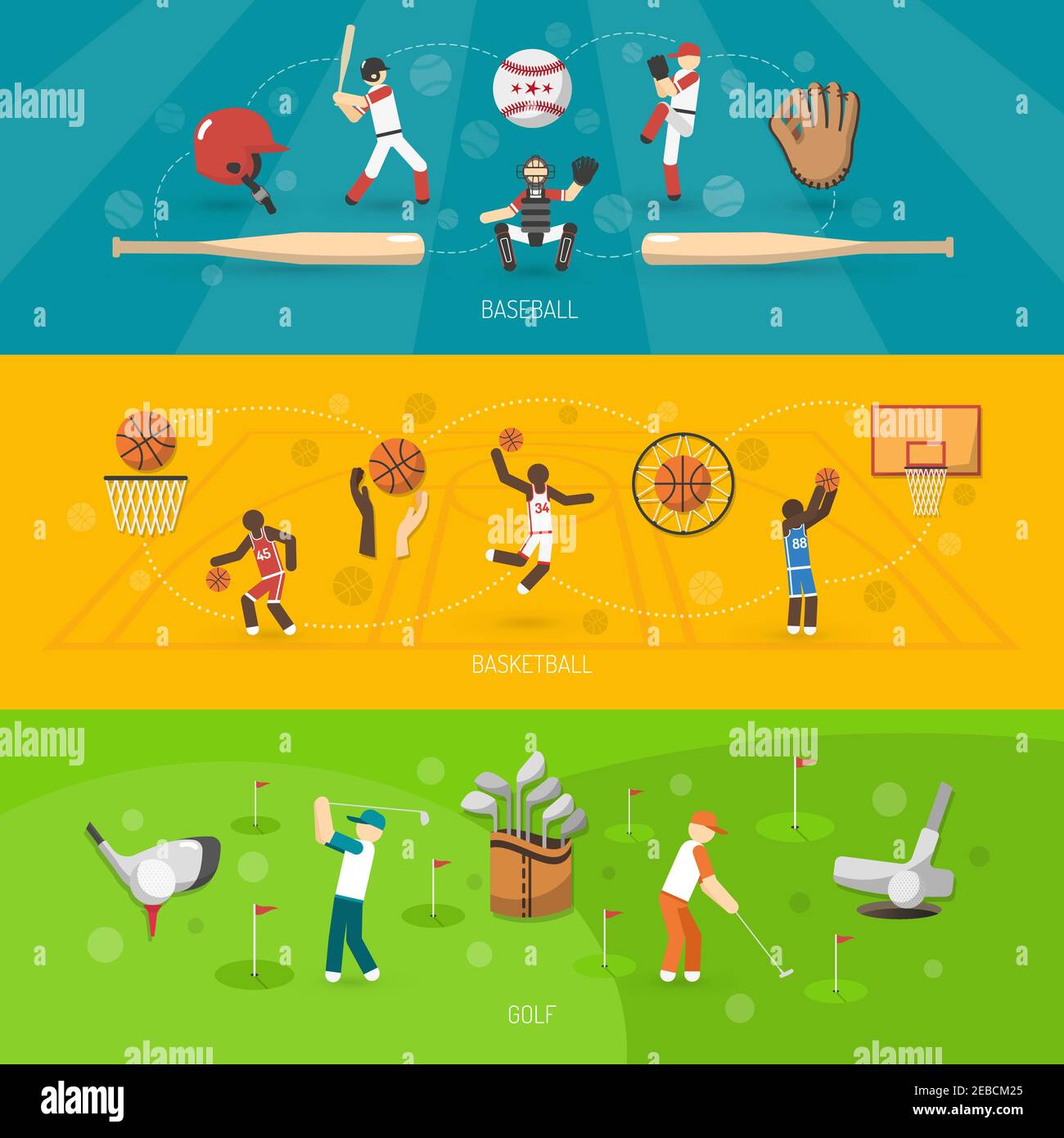Sports banner horizontal set with baseball basketball golf players