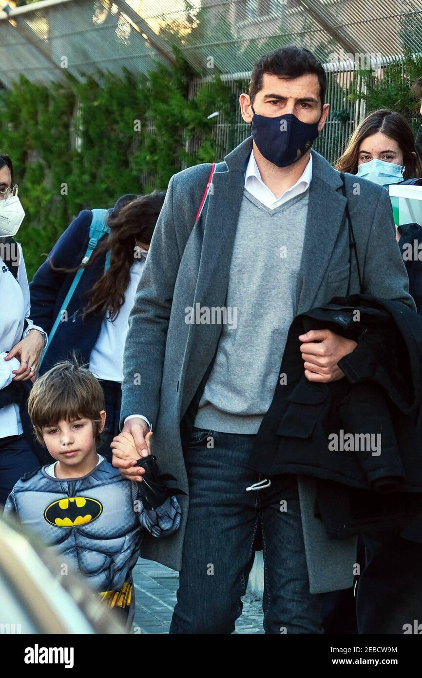 Madrid, Spain. 12th Feb, 2021. February 12, 2021, Madrid, Madrid, Spain:  Iker Casillas takes his sons Lucas and Martin to school in costume for the  Carnival party, in Madrid (Spain) on February