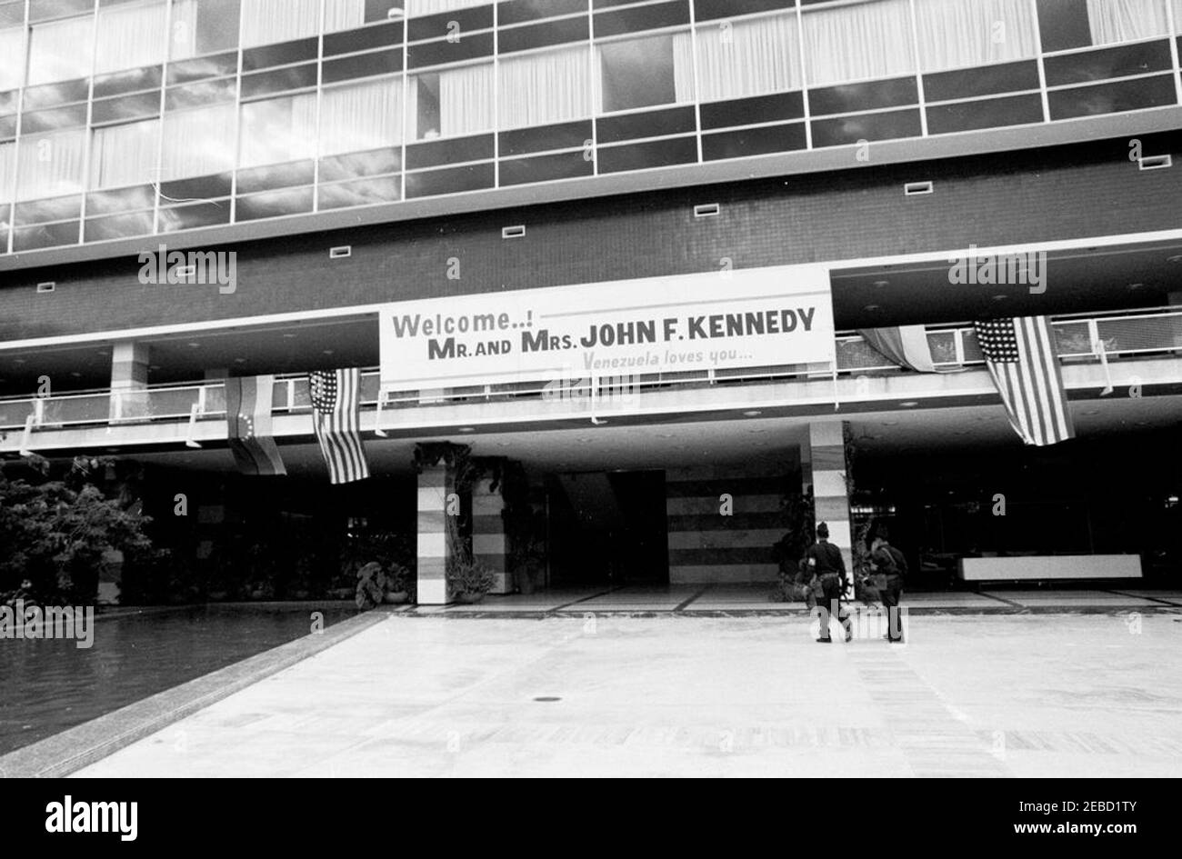 Trip to South America: Caracas, Venezuela, arrival, 9:00AM. Sign at Maiquetu00eda International Airport in Caracas, Venezuela welcoming President John F. Kennedy and First Lady Jacqueline Kennedy. Stock Photo