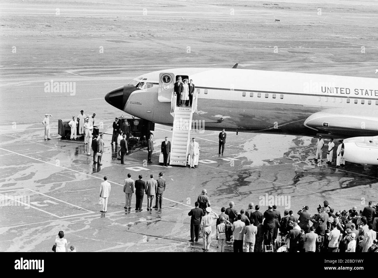 Trip to South America: Caracas, Venezuela, arrival, 9:00AM. President John F. Kennedy and First Lady Jacqueline Kennedy prepare to step off Air Force One upon their arrival at Maiquetu00eda International Airport, Caracas, Venezuela. Stock Photo
