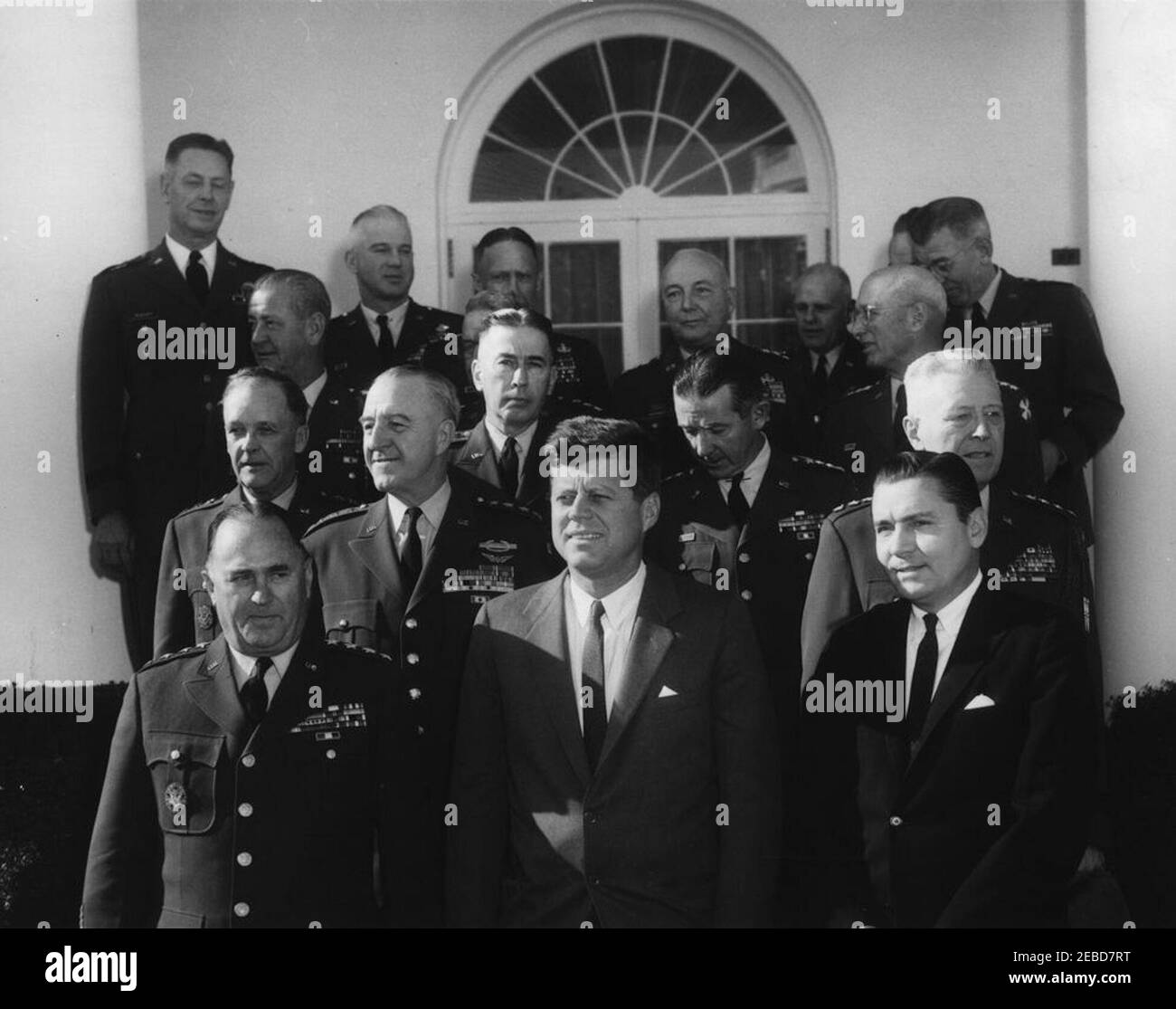 Visit of Army commanders, 12:15PM. President John F. Kennedy visits with United States Army Commanders. Standing in the first row (L-R): Chief of Staff of the United States Army General George H. Decker; President Kennedy; and Elvis Stahr, Secretary of the Army. Second row (L-R): General Herbert B. Powell; General Bruce C. Clarke. Third row (L-R): Lieutenant General Emerson L. Cummings; Lieutenant General Donald P. Booth; General James F. Collins. Back rows (L-R): Major General Theodore F. Bogart; General Clyde D. Eddleman; Major General John H. Michaelis; Lieutenant General Edward J. Ou2019N Stock Photo