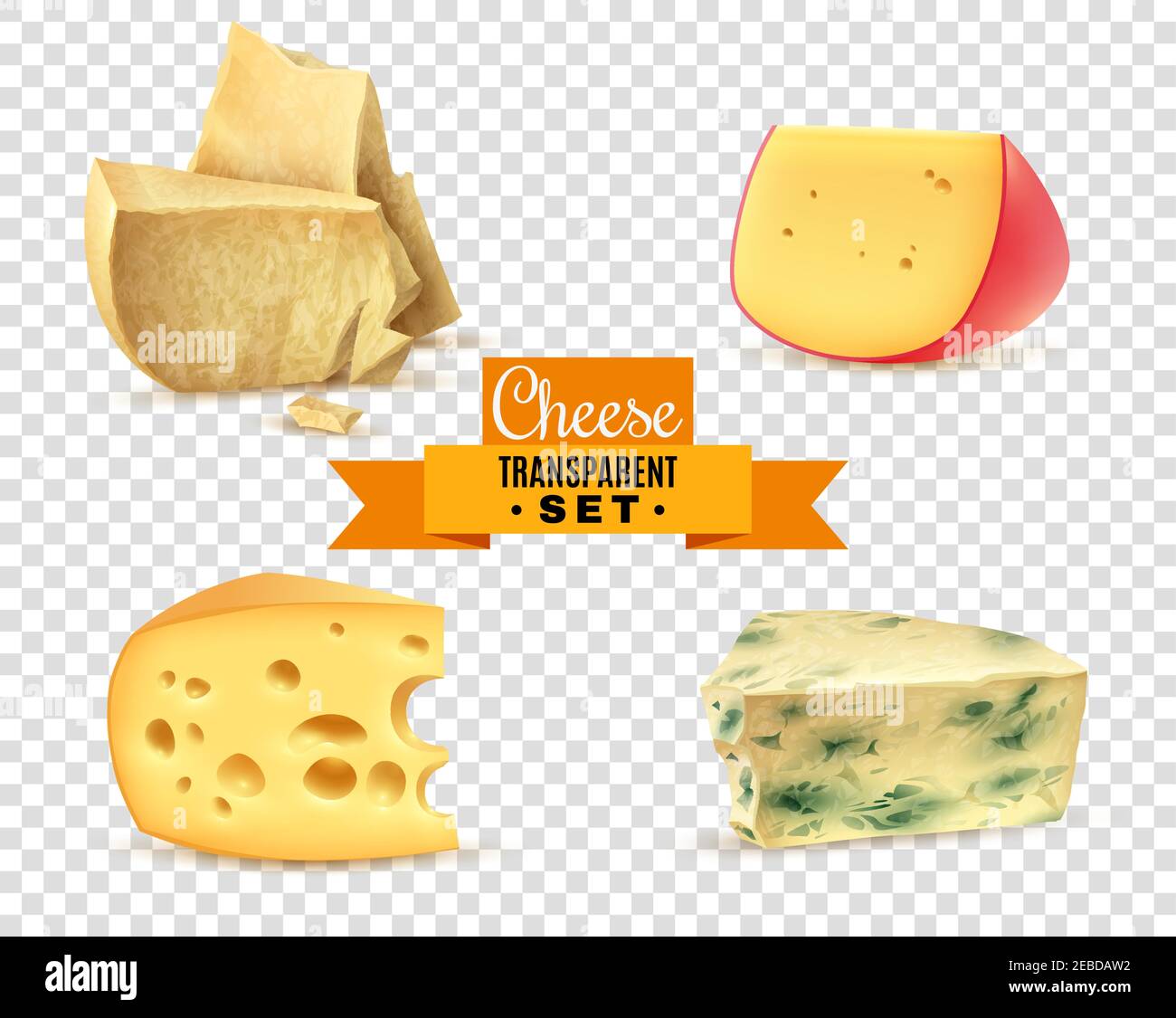 Best quality special cheeses realistic images composition with edam maasdam parmesan and dorblu transparent background vector illustration Stock Vector