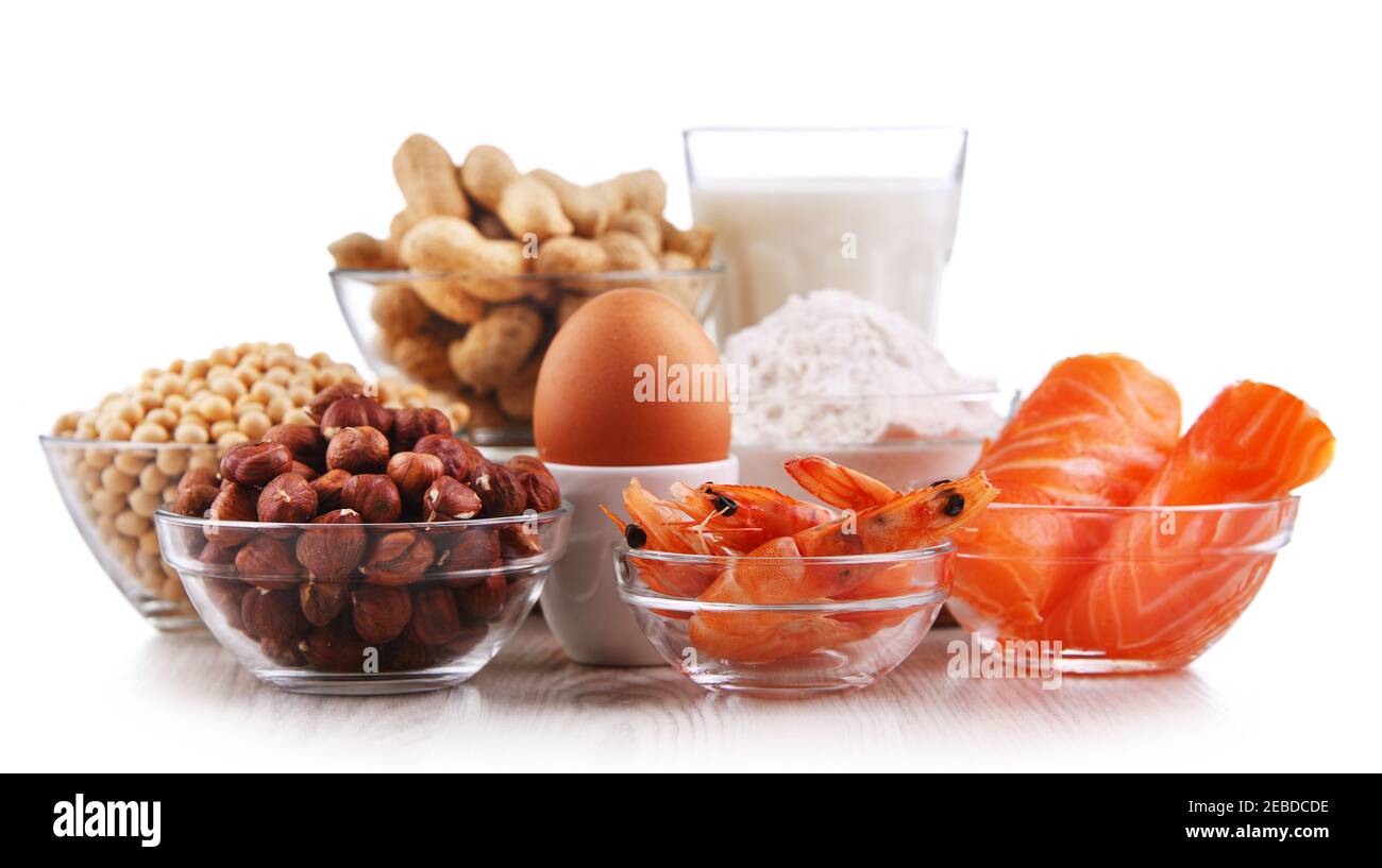 Composition with common food allergens including egg, milk, soya, peanuts, hazelnut, fish, seafood and wheat flour Stock Photo