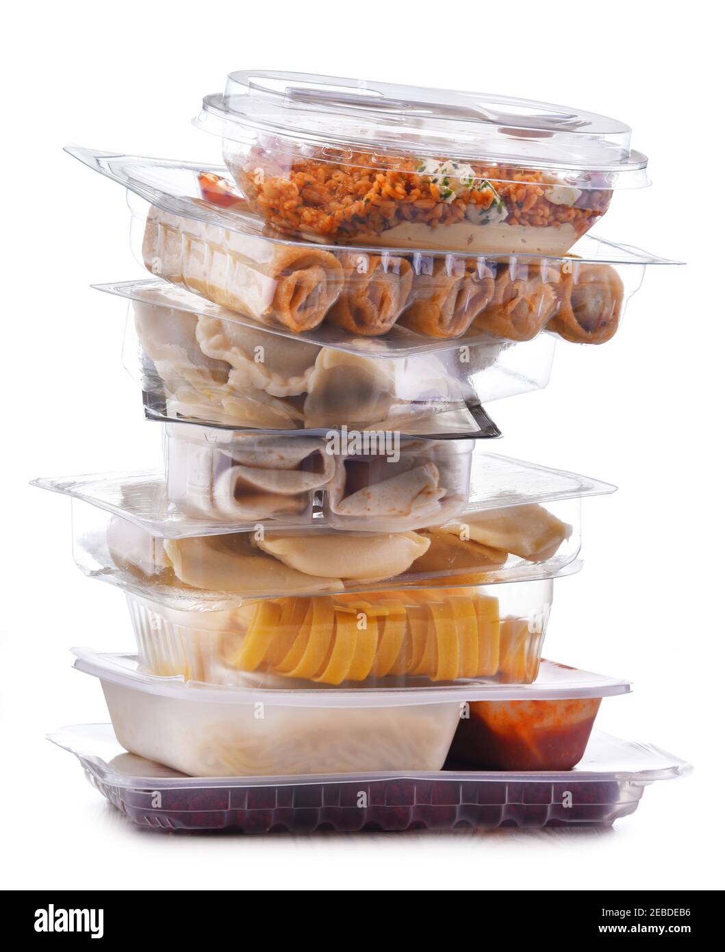 A variety of prepackaged food products in plastic boxes. Stock Photo