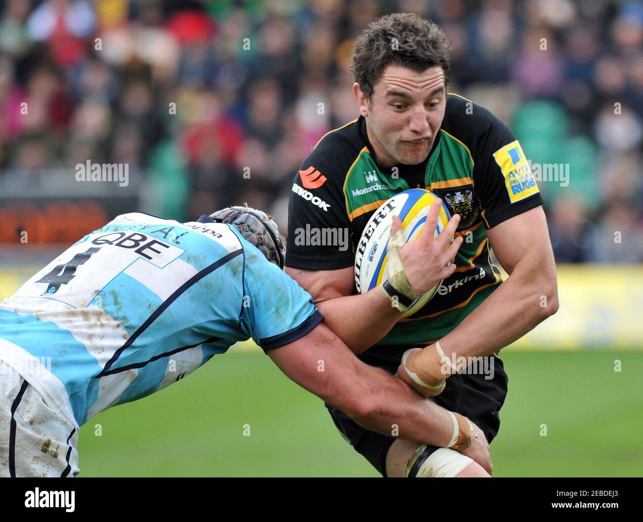 Rugby Union - Northampton Saints v Worcester Warriors Aviva Premiership  - Franklin's Gardens  - 5/5/12  Northampton's Phil Dowson (R) in action against Worcester's James Percival   Mandatory Credit: Action Images / Adam Holt  Livepic Stock Photo
