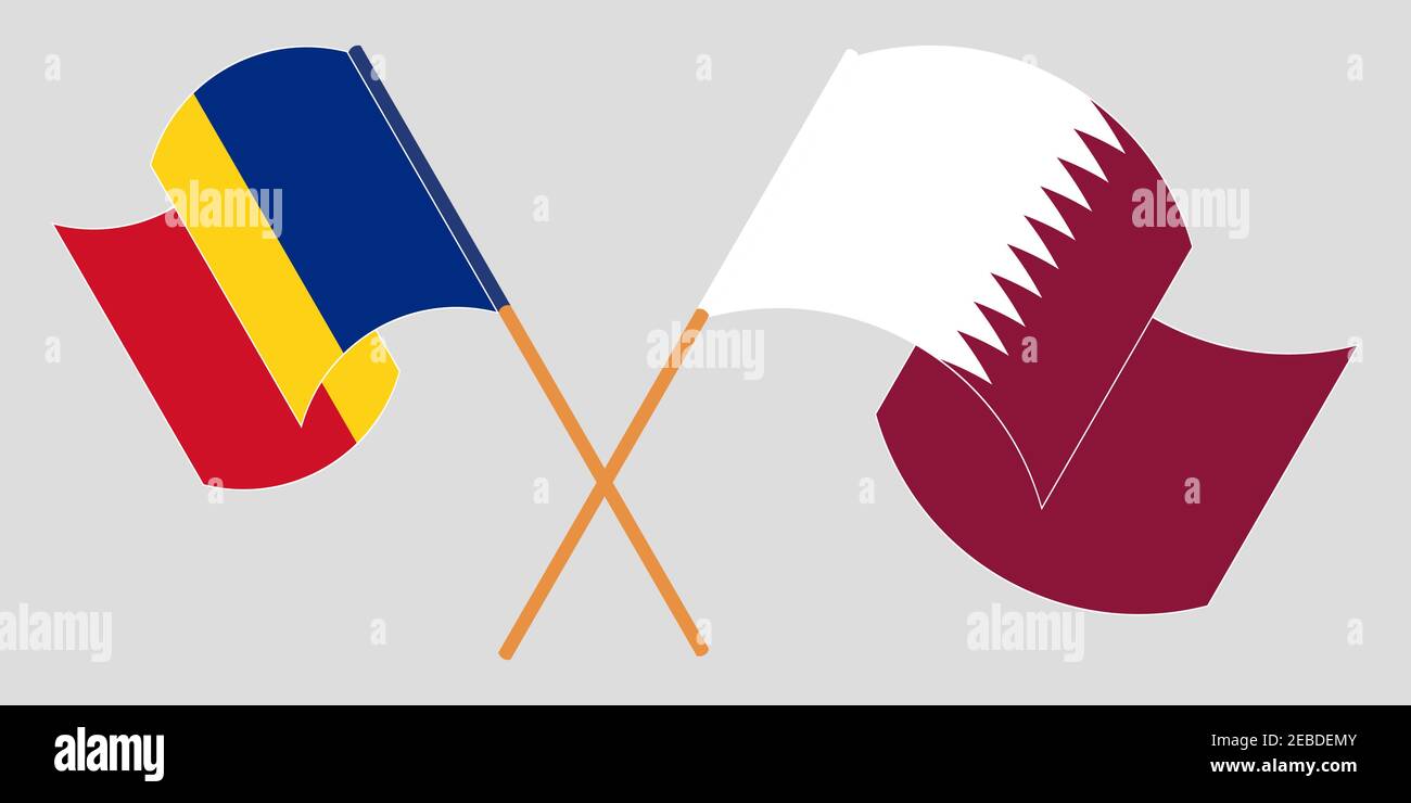 Crossed and waving flags of Romania and Qatar. Vector illustration