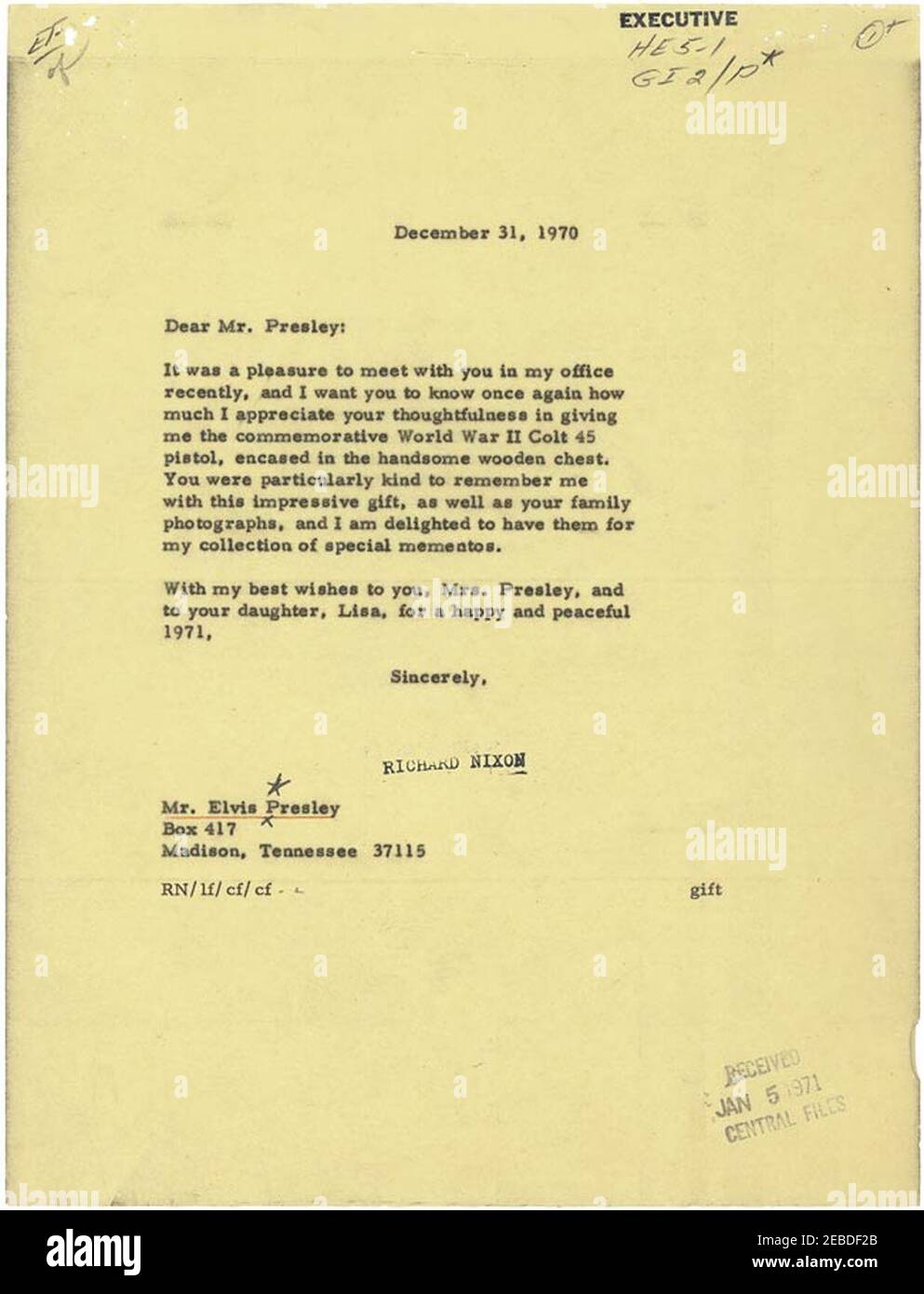 Nixon Thank You Letter to Elvis. Stock Photo