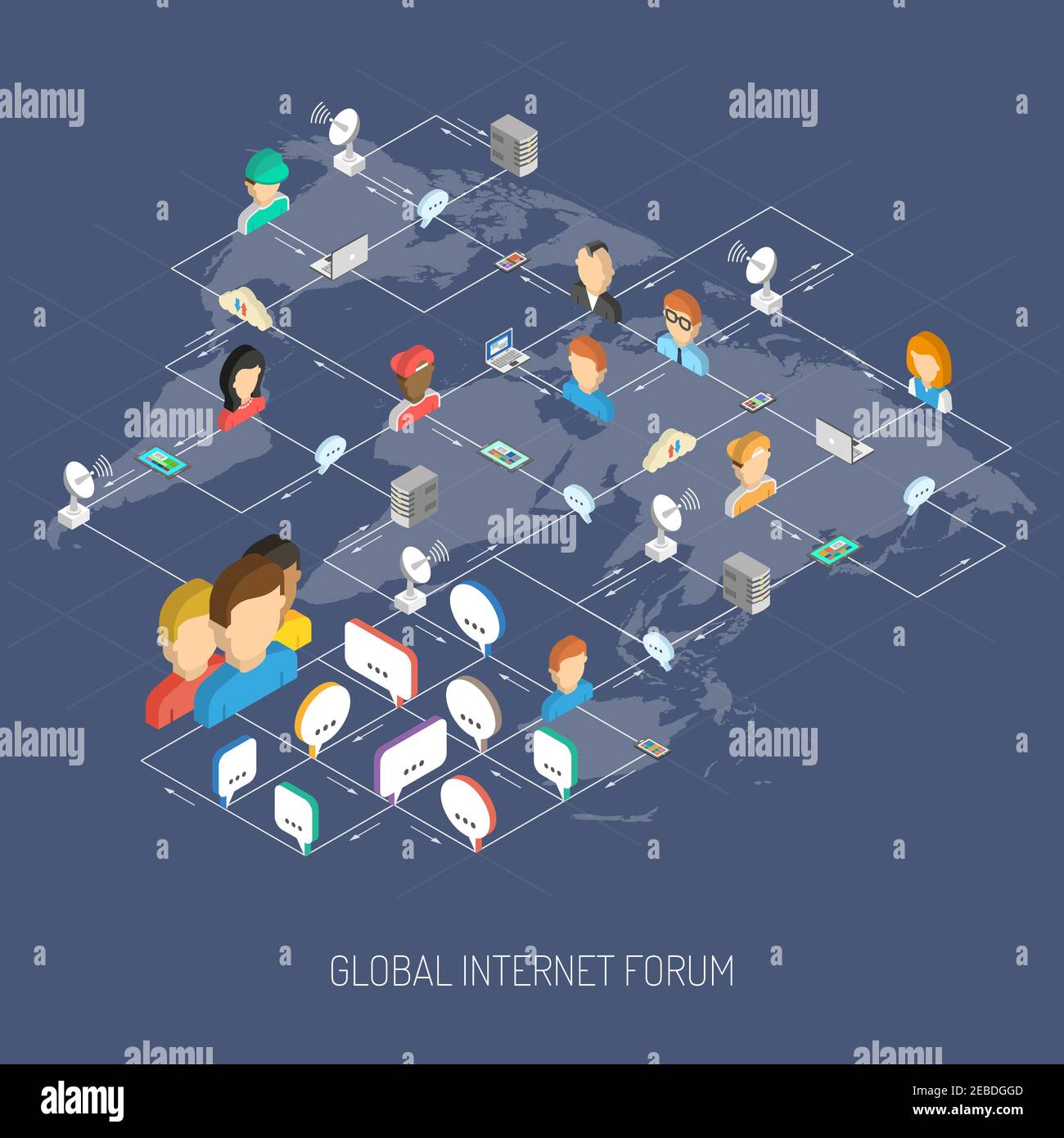 Internet forum concept with isometric people avatars speech bubbles and world map vector illustration Stock Vector