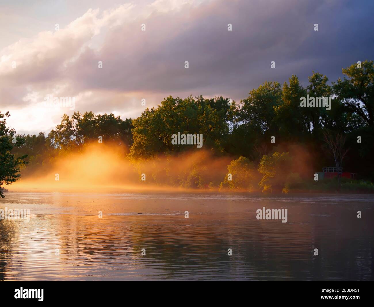 Mist at sunset on the Erie Canal near Utica, New York Stock Photo