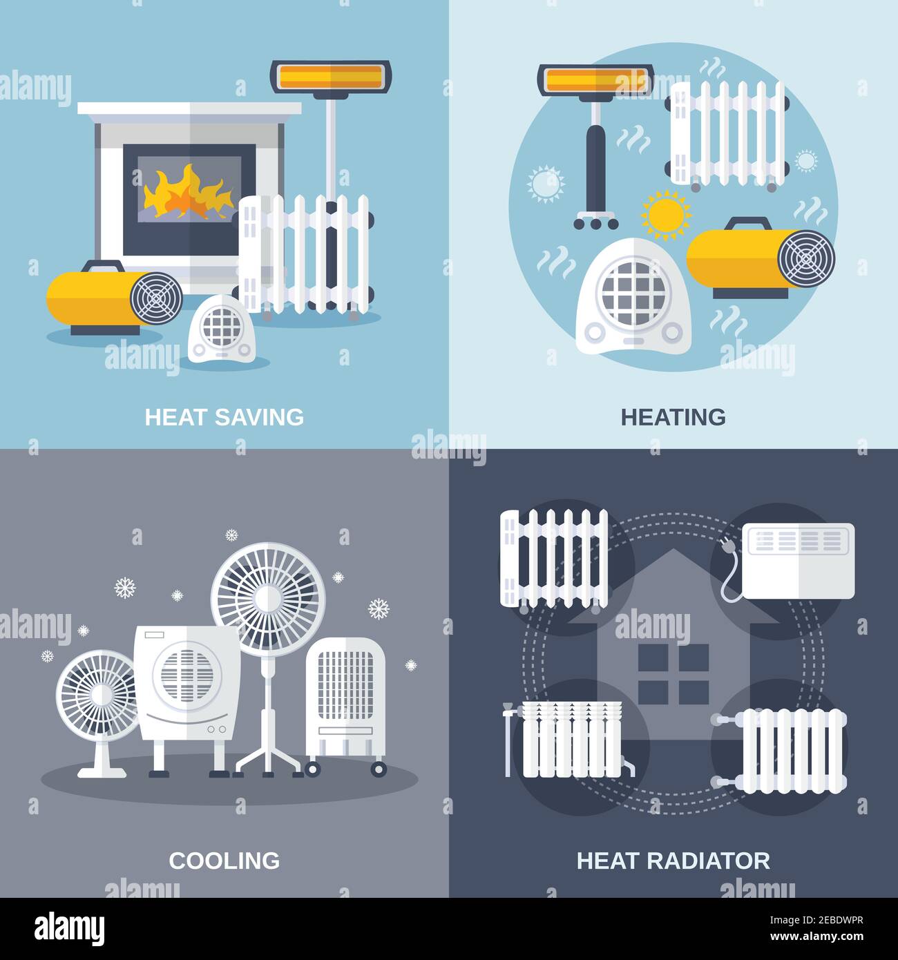 Heating and cooling design concept set with heat saving and radiator