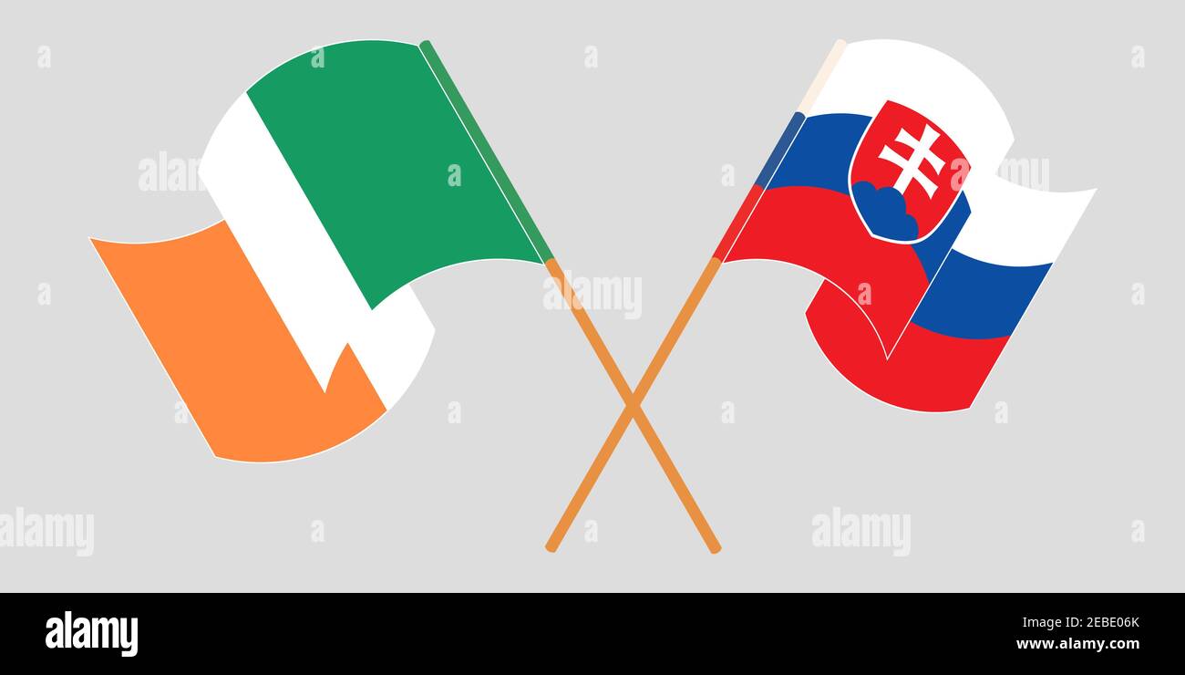 Crossed and waving flags of Slovakia and Ireland. Vector illustration Stock Vector