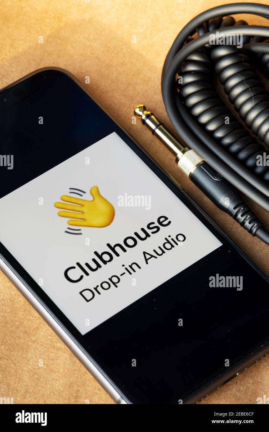 Clubhouse application view on the smartphone, controversy 2021 that hides behind the Social app. Clubhouse drop in audio chat application view Stock Photo