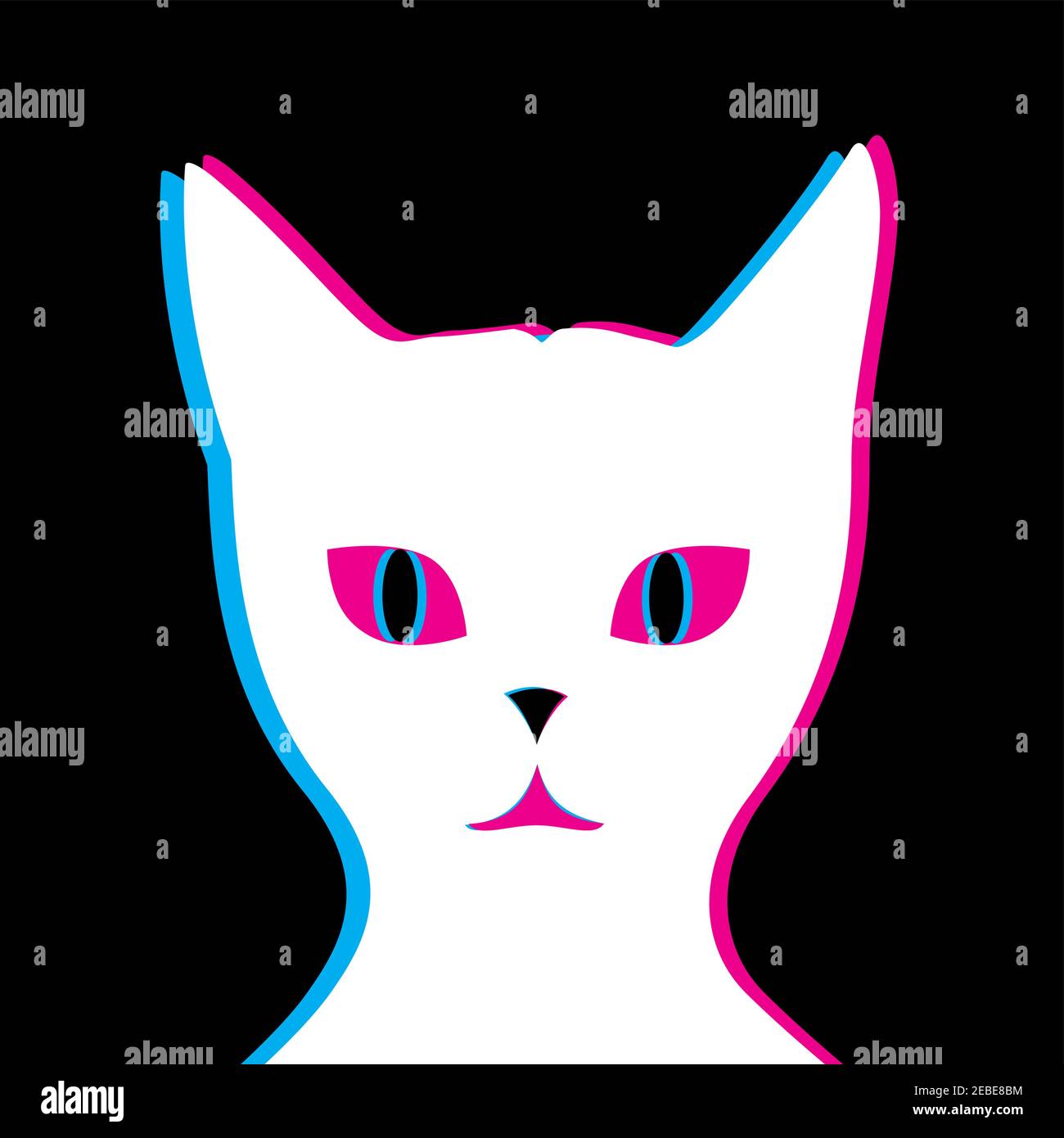 white glitch cat on black background Stock Vector
