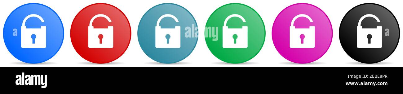 Padlock, security vector icons, set of circle gradient buttons in 6 colors options for webdesign and mobile applications Stock Vector