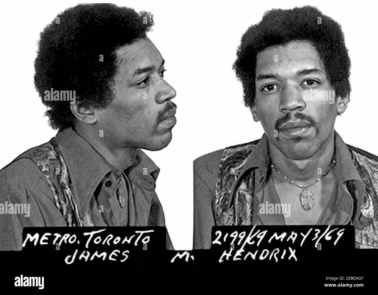 JIMI HENDRIX (1942-1970) American rock musician, Toronto police mugshots following his arrest on charges of possessing drugs on 3 May 1969. Stock Photo