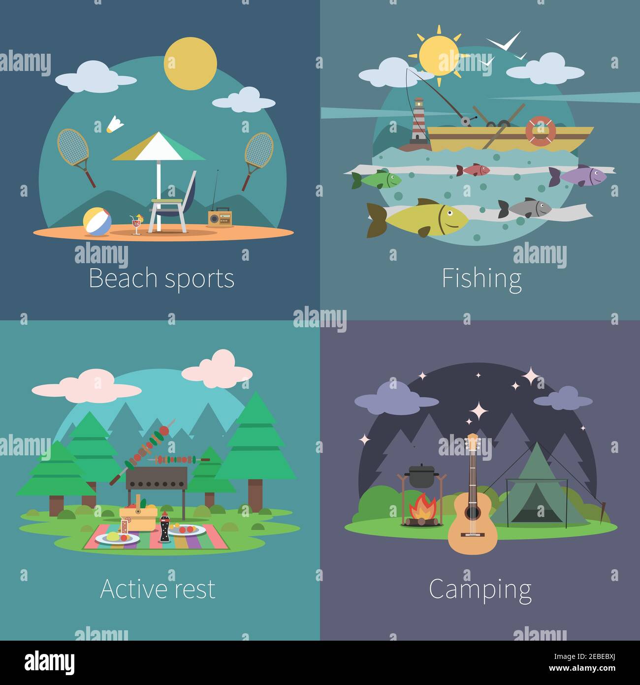 Summer design concept set with beach sports fishing active camping flat ...
