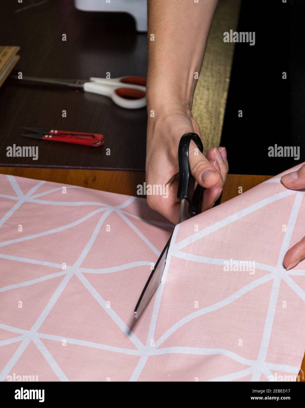 Girl Cutting Fabric Clothes with Scissors Stock Photo Alamy
