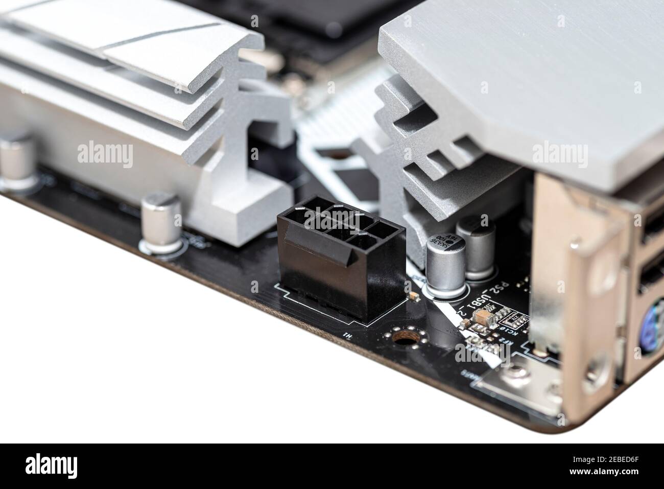 Macro shot of a power connector for 8 pins in a modern motherboard of a