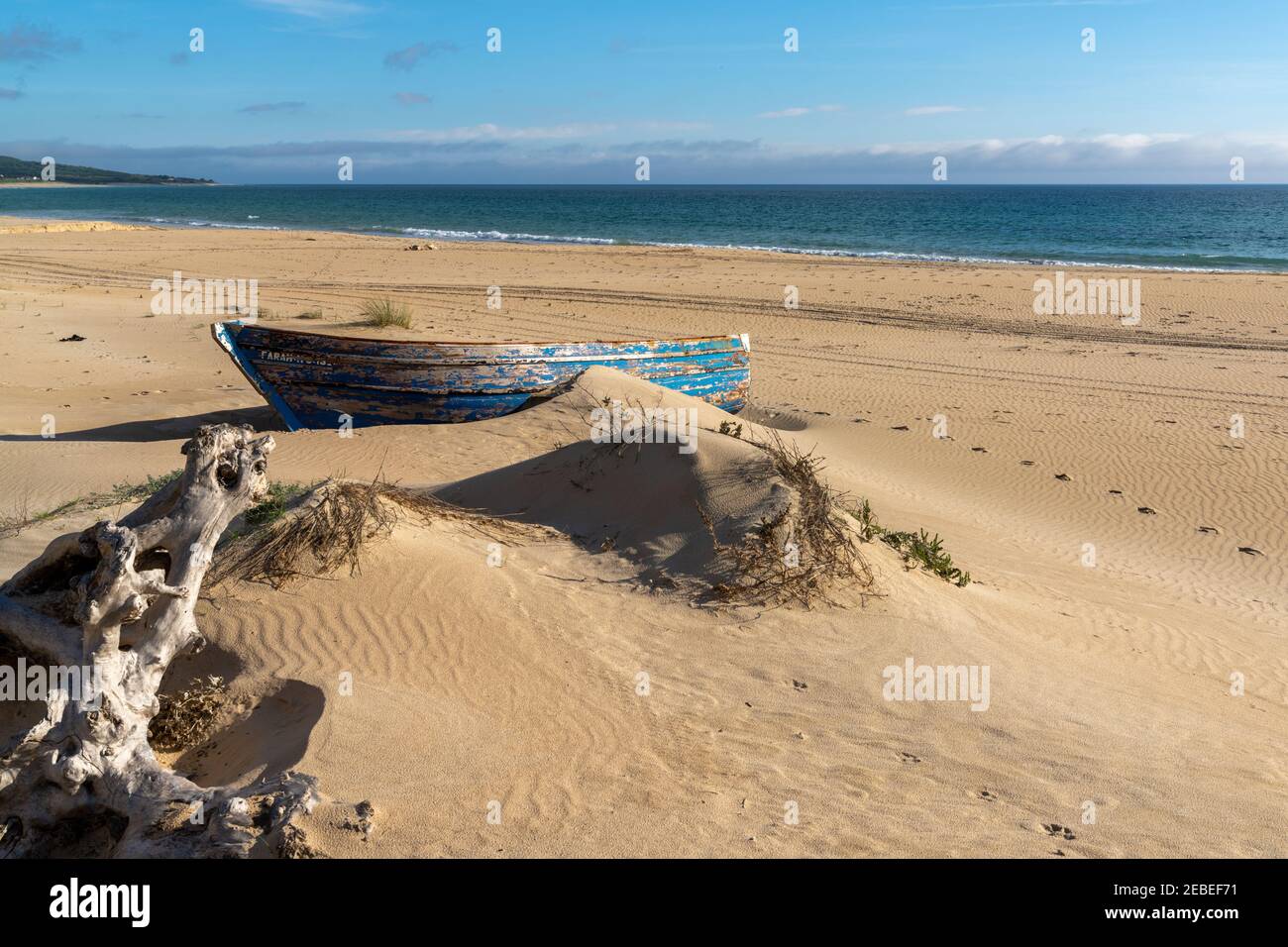 An old wooden fishing boat and driftwood on a beach Stock Photo - Alamy