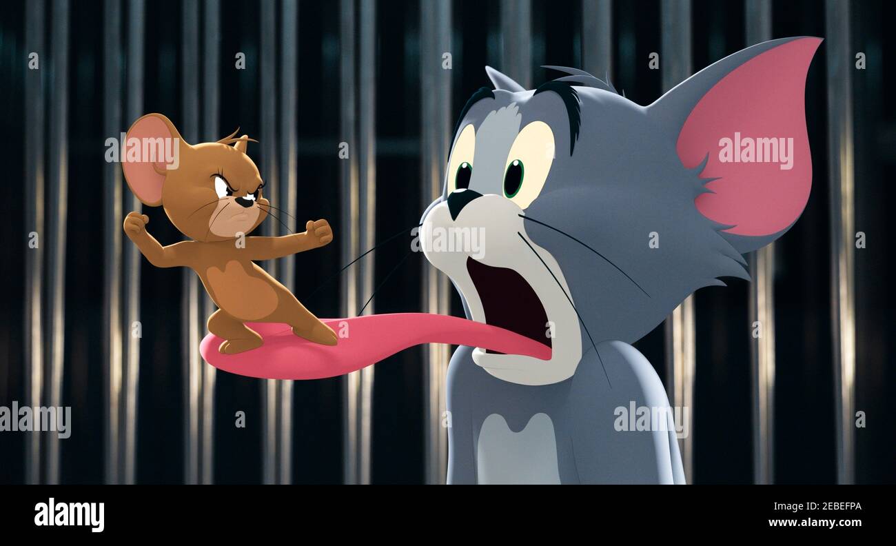 Tom & Jerry: The Movie (2021) directed by Tim Story and starring Chloë Grace Moretz, Michael Peña and Rob Delaney. Live action CGI hybrid movie starring the much loved warring cat and mouse cartoon characters. Stock Photo