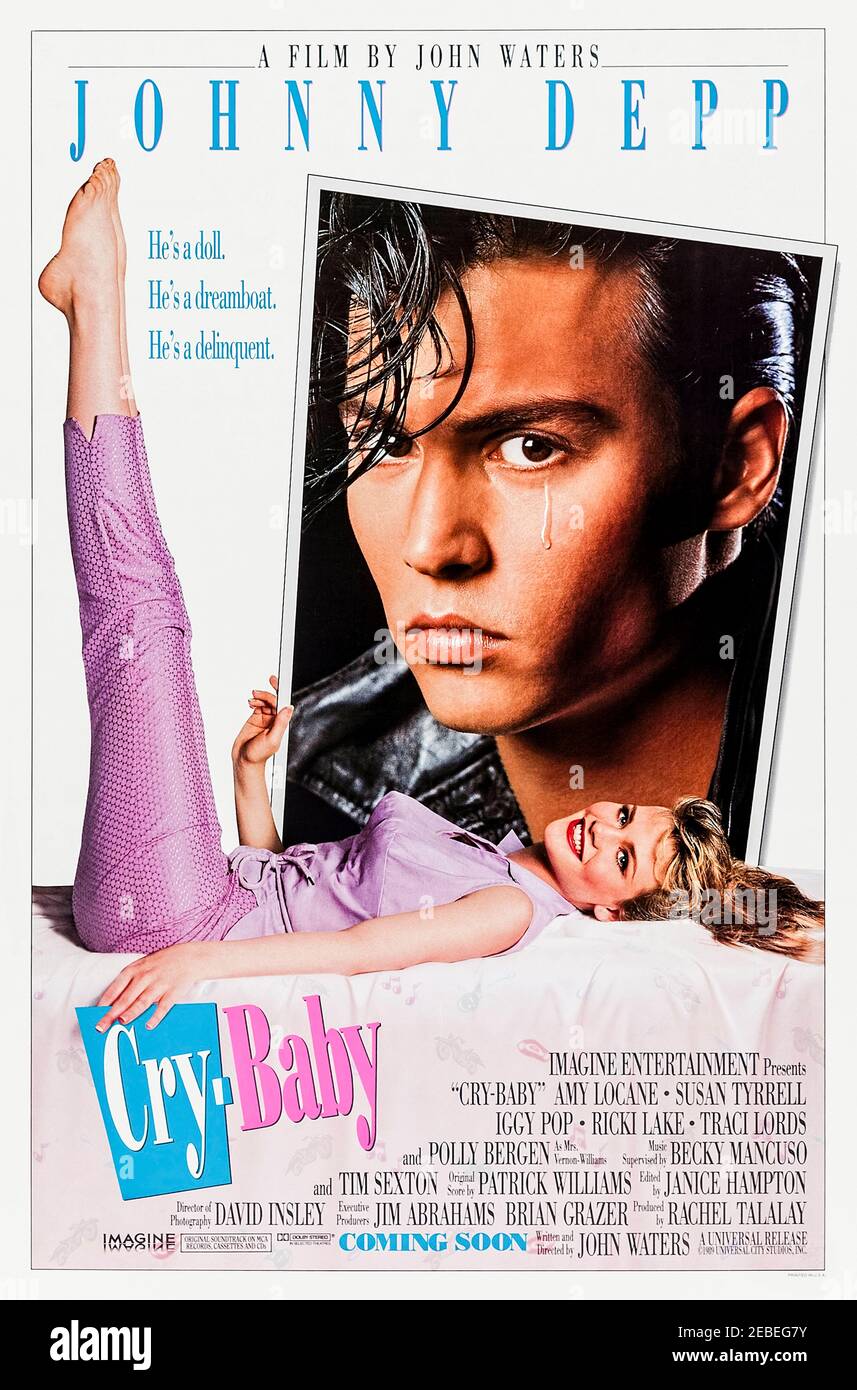 Cry-Baby (1990) directed by John Waters and starring Johnny Depp, Ricki Lake and Amy Locane. In 1950s Baltimore, a bad boy with a heart of gold wins the love of a good girl, whose boyfriend sets out for revenge. Stock Photo