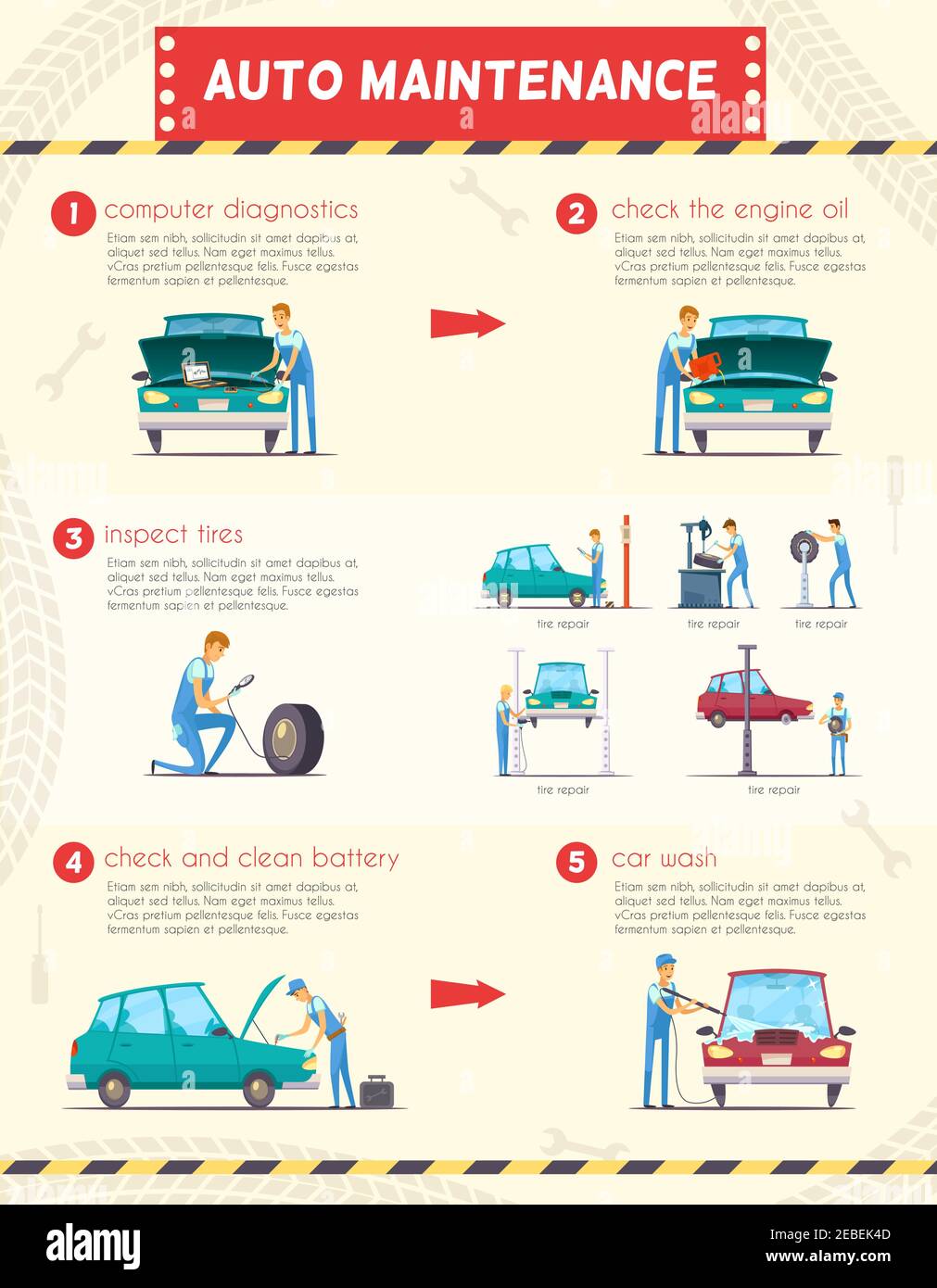 Auto maintenance diagnostics and repair service retro cartoon