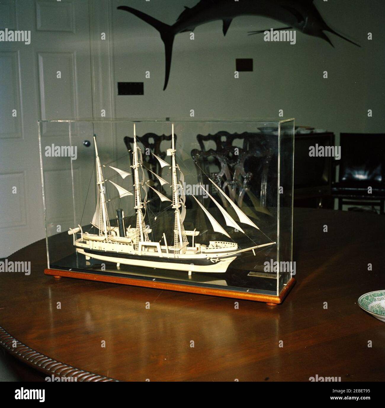 Gift (ship model) from Nikita Khrushchev, Premier of the Soviet Union (USSR) to President Kennedy. Gift of a model of an American whaling ship from Soviet Union Premier Nikita Khrushchev to President John F. Kennedy. Fish Room, White House, Washington, D.C. Stock Photo