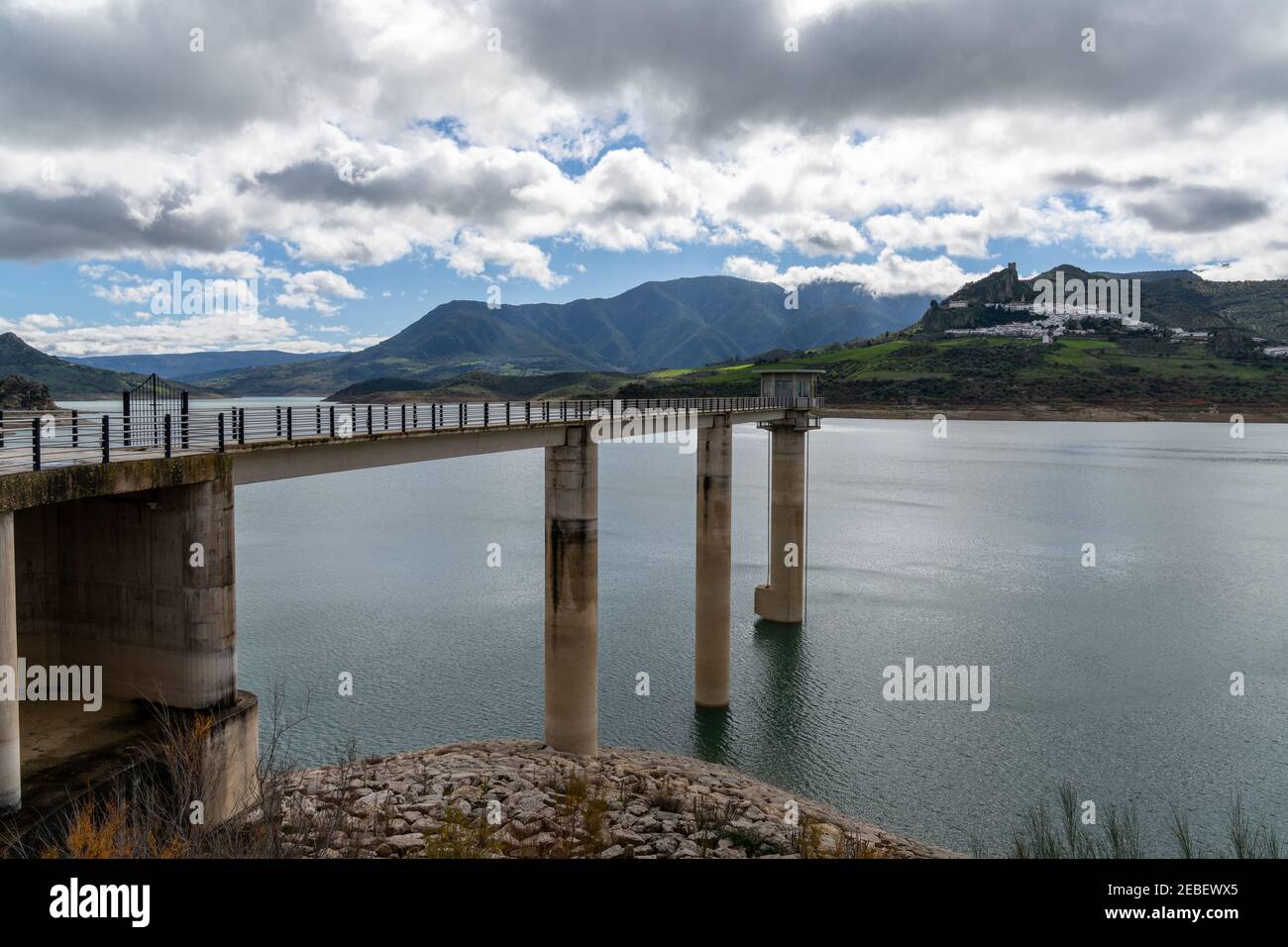 view of the reservoir and Grazalema mountains near Zahara de la Sierra ...