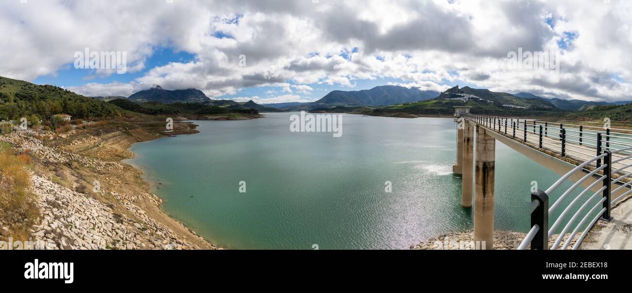 panorama view of the reservoir and Grazalema mountains near Zahara de ...