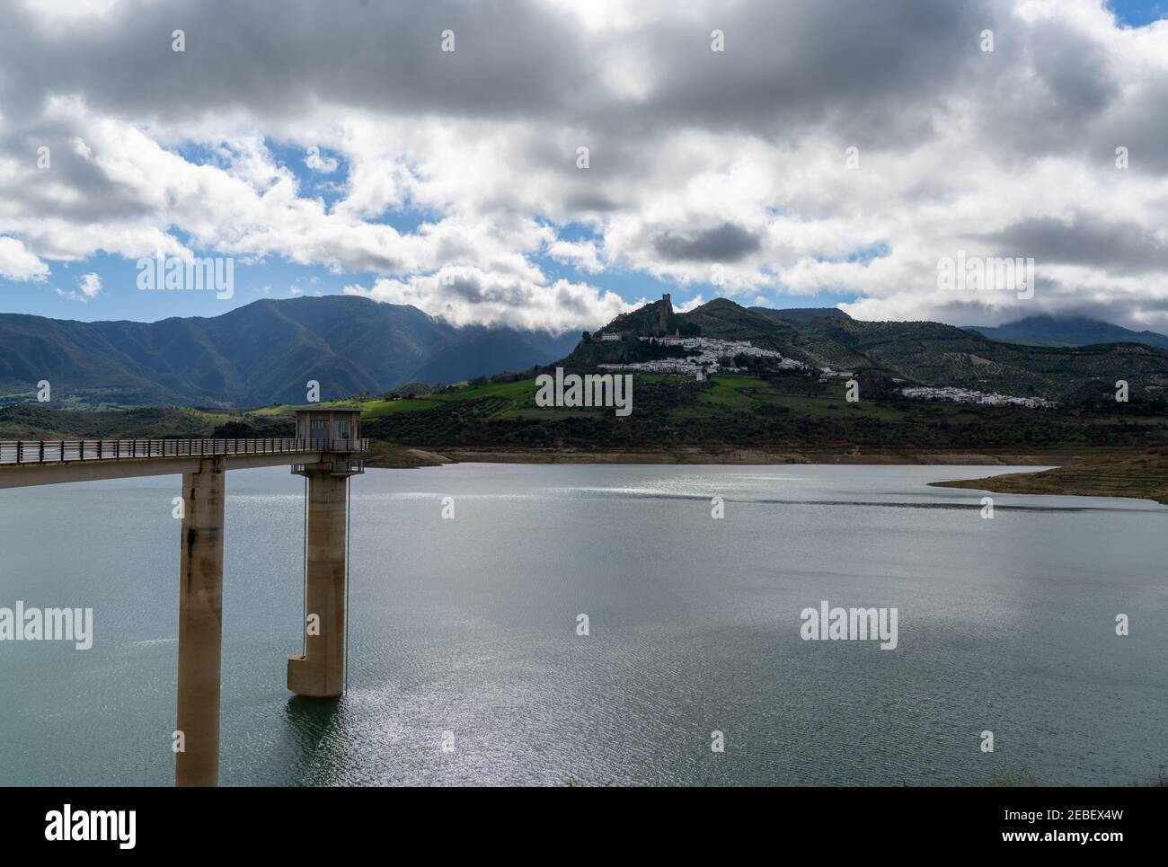 view of the reservoir and Grazalema mountains near Zahara de la Sierra ...