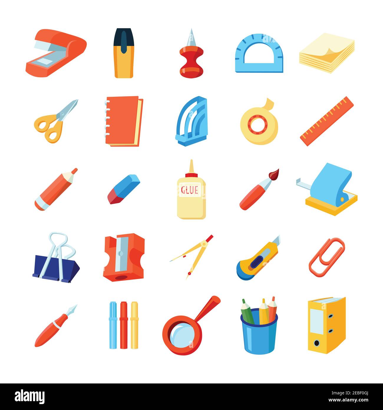 Colorful stationery icons set of various office supplies in flat style isolated vector illustration Stock Vector