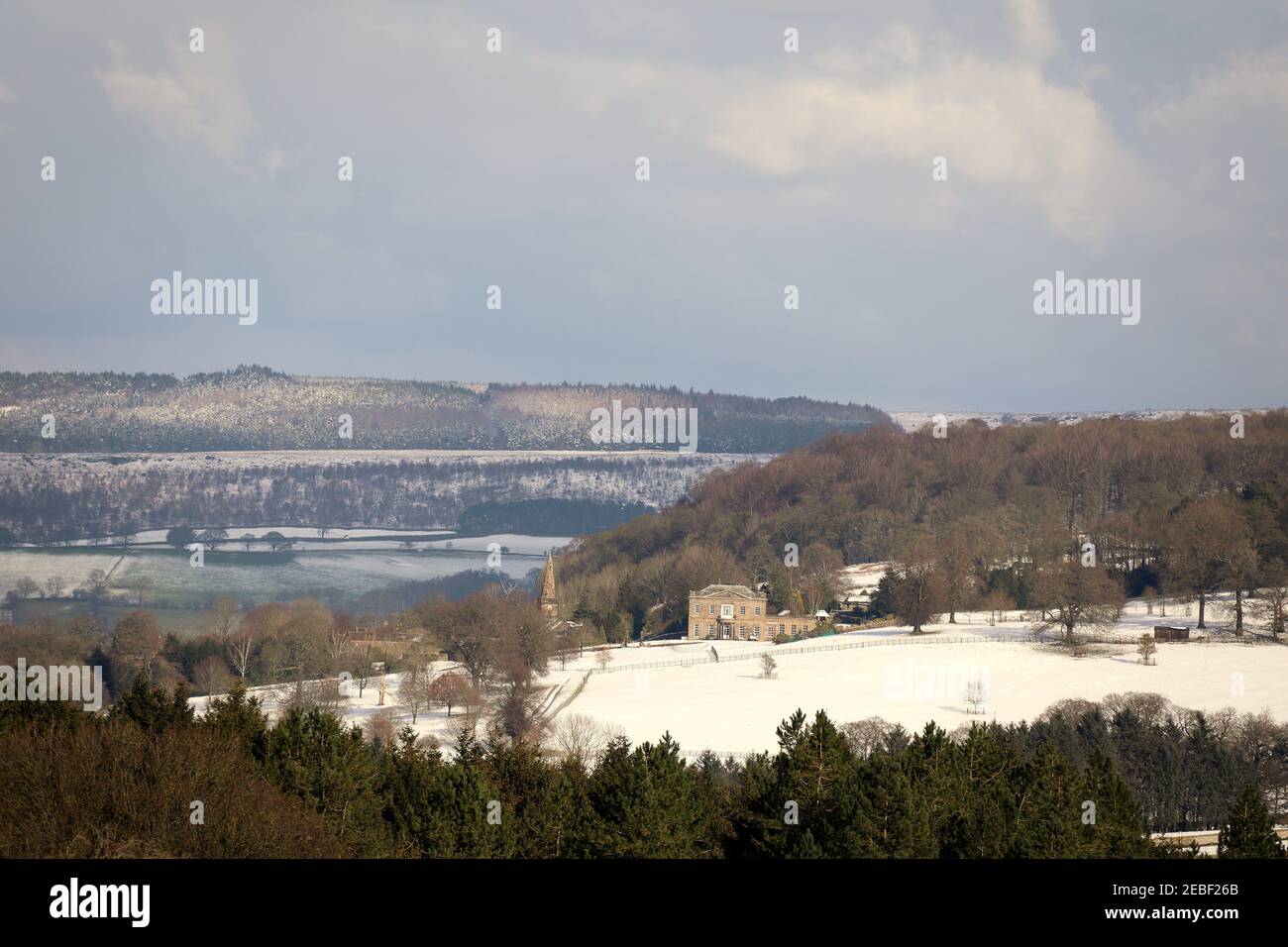 Stanton Hall at the ancient Derbyshire village of Stanton in Peak viewed from Harthill Moor Stock Photo