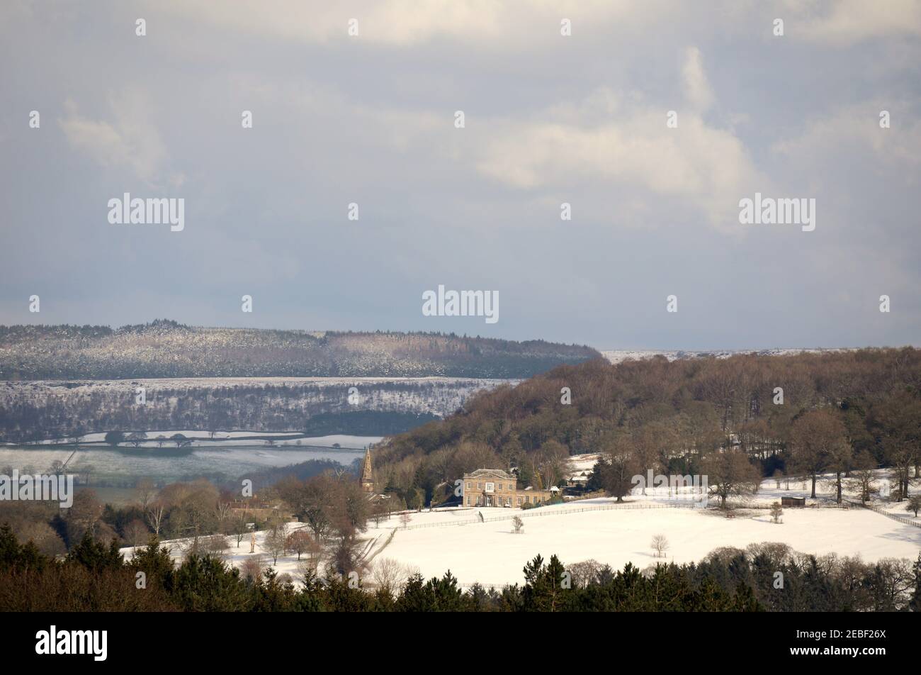 Stanton Hall at the ancient Derbyshire village of Stanton in Peak viewed from Harthill Moor Stock Photo