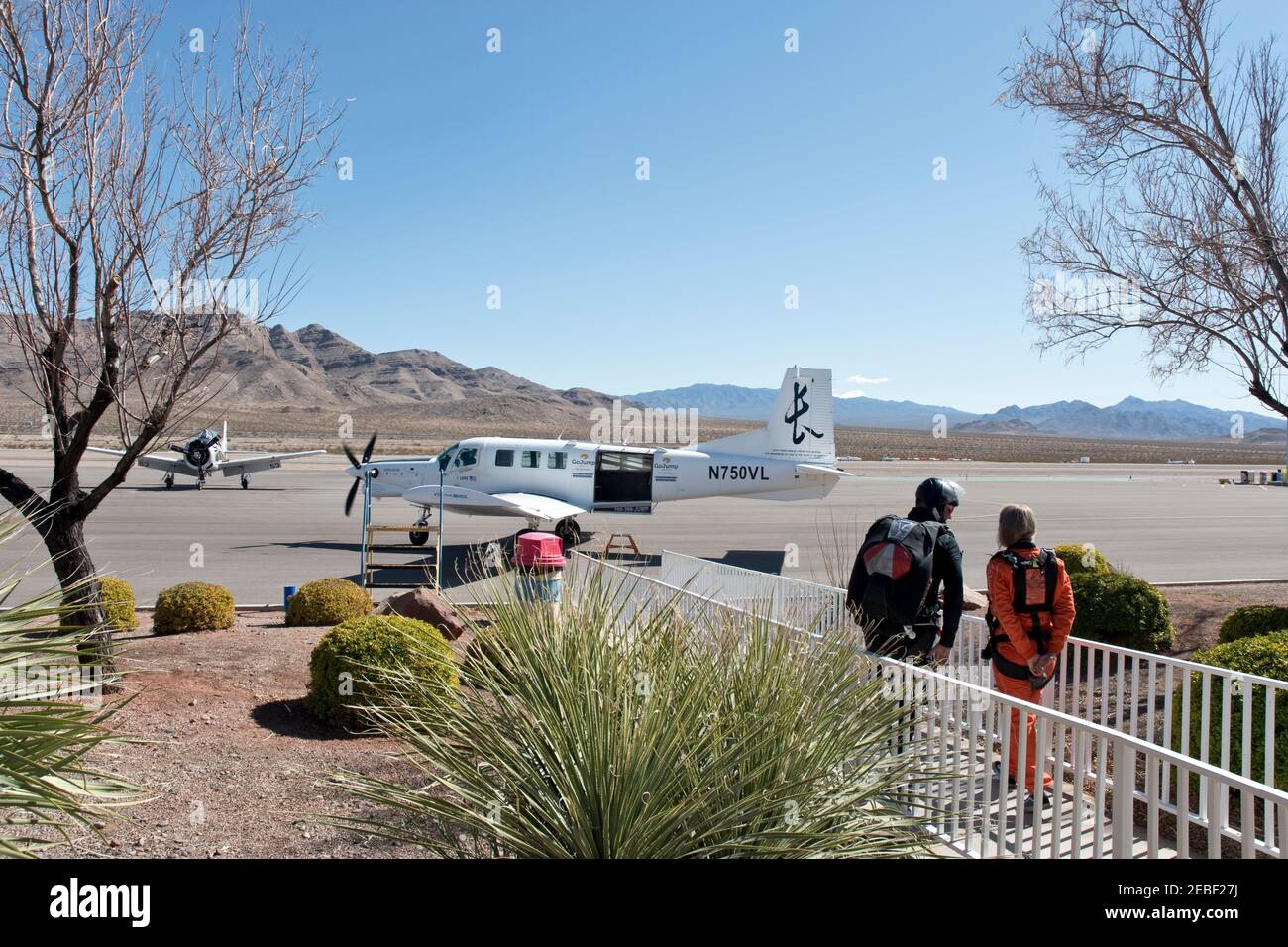 Tourists make tandem skydiving jumps at Jean Airport, Nevada, near Las
