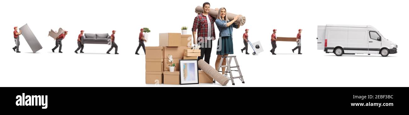 Couple getting ready for moving and workers from a moving company with a van isolated on white background Stock Photo