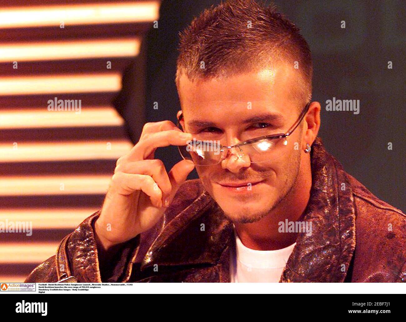 Football - David Beckham Police Sunglasses Launch , Riverside Studios ,  Hammersmith , 7/2/02 David Beckham launches the new range of POLICE  sunglasses Mandatory Credit:Action Images / Andy Couldridge Digital Stock  Photo - Alamy