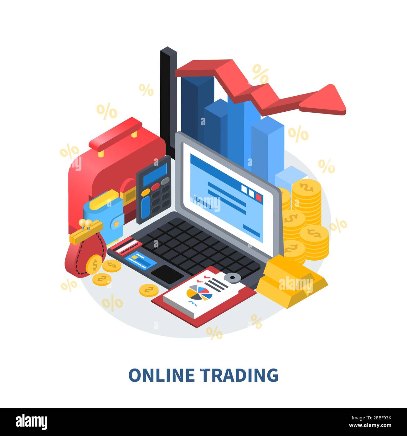 Online trading financial isometric icons composition with diagram arrow columns credit card gold coins money wallet suitcase vector illustration Stock Vector