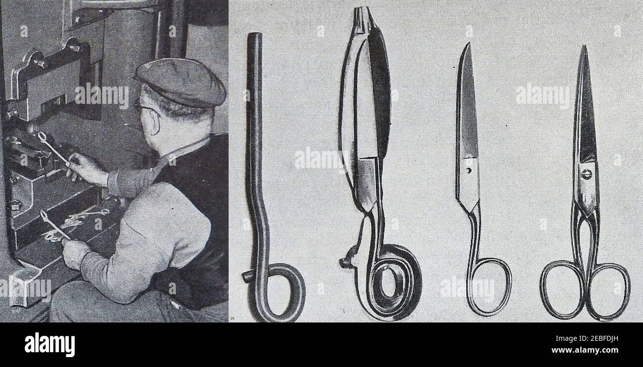 An early press photograph showing a man making scissors from thick wire loops using a heavy press in a British factory (possibly in Sheffield) . The accompanying photo shows the various stages of construction. Low-cost scissors are made from relatively soft  and relatively thick steel wire that is pressed cold . Stock Photo