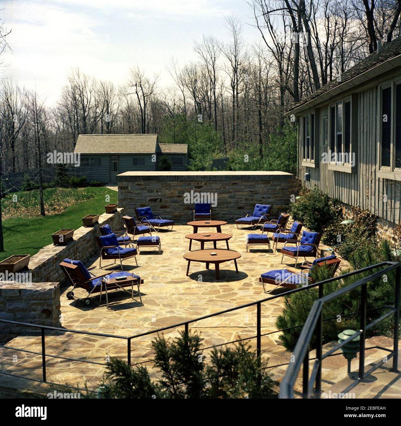 Camp David, views. View of the lower terrace of Aspen Lodge, the  Presidential residence at Camp David in Frederick County, Maryland.  Sassafras Cabin is visible in the background Stock Photo - Alamy