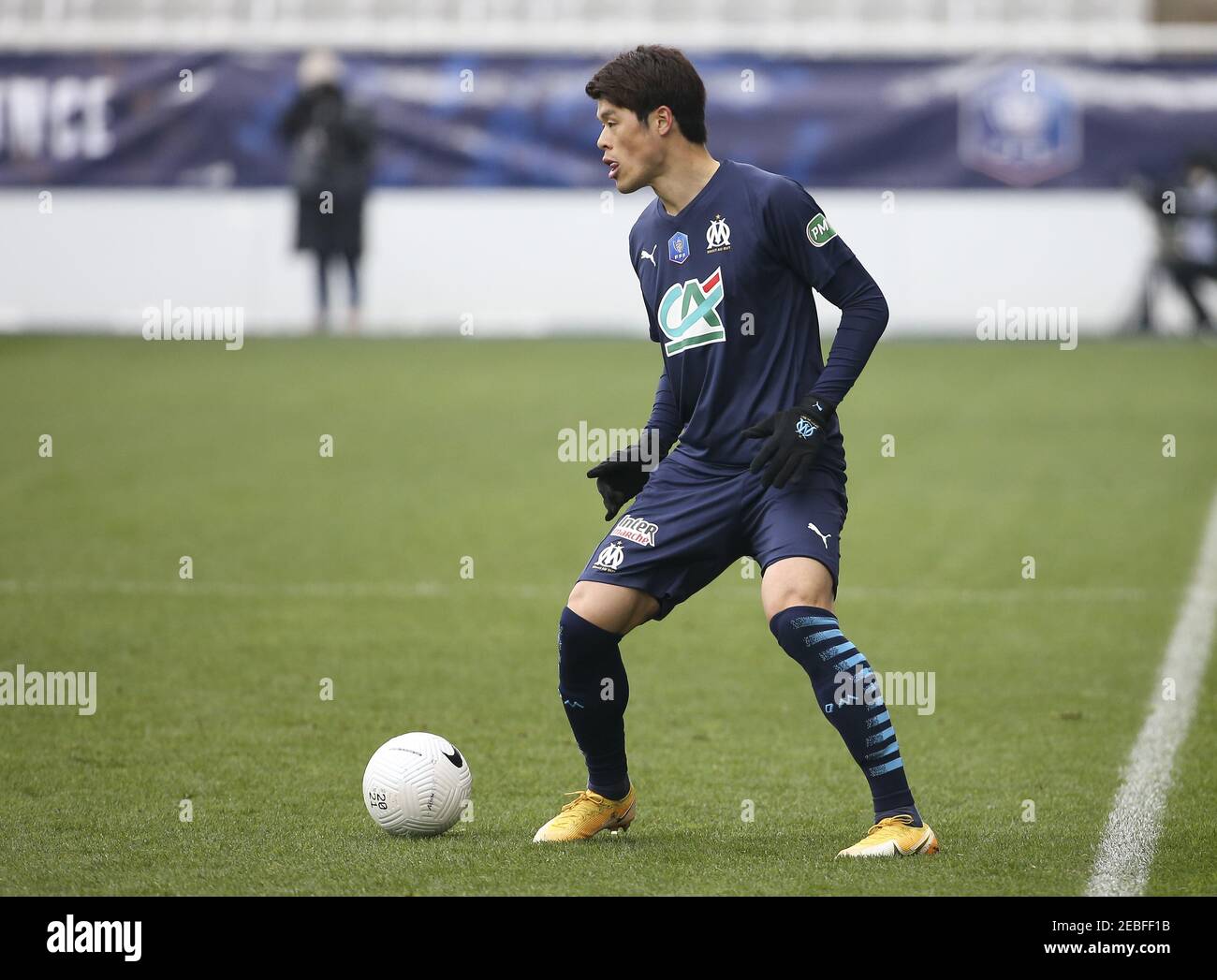 Hiroki Sakai of Marseille during the French Cup, round of 64 football match between AJ Auxerre (AJA) and Olympique de Marseille (OM) on February 10, 2021 at Stade Abbe Deschamps in Auxerre, France - Photo Jean Catuffe / DPPI / LiveMedia Stock Photo