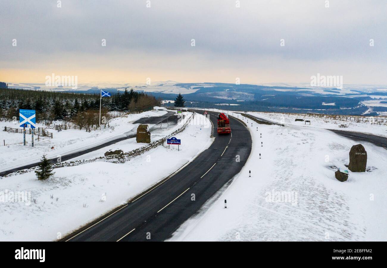 View looking north of A68 trunk road crossing the England-Scotland border from Northumberland to the Scottish Borders region at the Carter Bar. Stock Photo