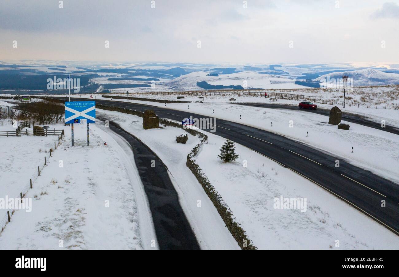 View looking north of A68 trunk road crossing the England-Scotland border from Northumberland to the Scottish Borders region at the Carter Bar. Stock Photo