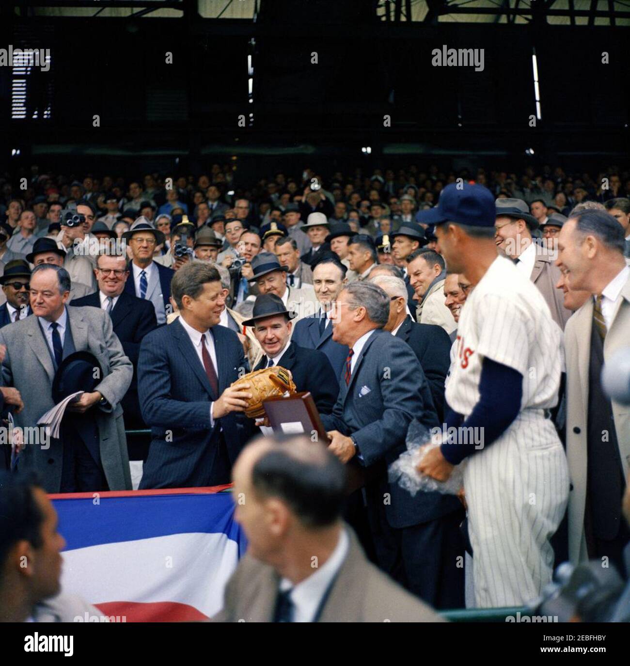 Opening Day of the 1961 Baseball Season, 1:10PM. President John F. Kennedy  and Special Assistant to the President Dave Powers greet former Washington  Senators player James Barton u0022Mickeyu0022 Vernon and Manager of