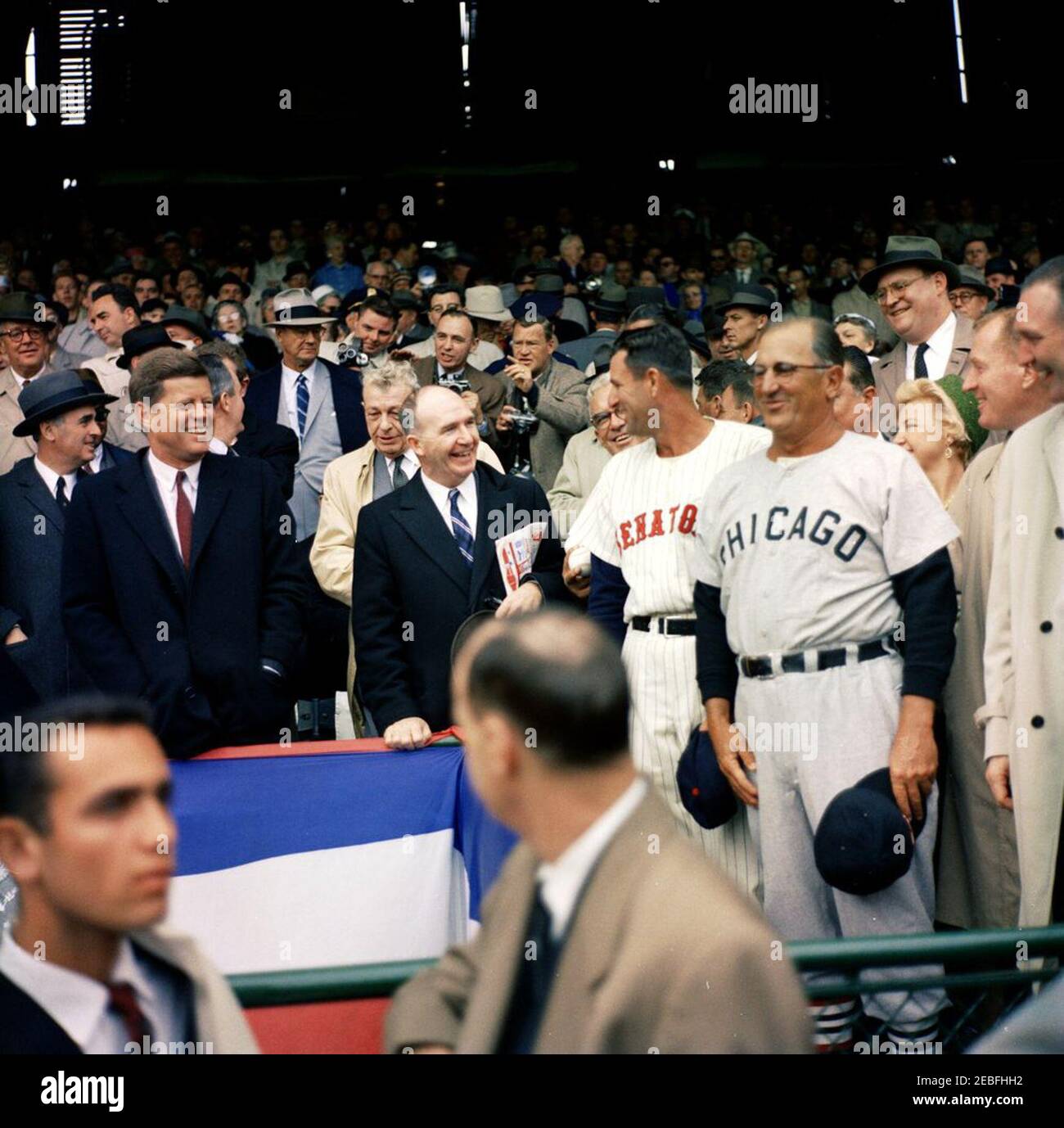 Opening Day of the 1961 Baseball Season, 1:10PM. President John F. Kennedy  and Special Assistant to the President Dave Powers greet former Washington  Senators player James Barton u0022Mickeyu0022 Vernon and Manager of