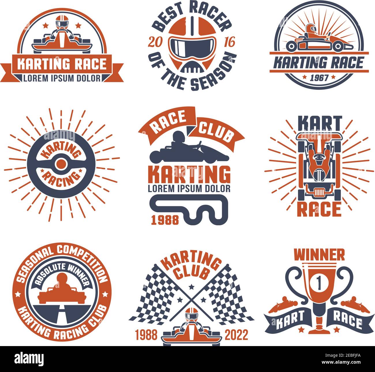 Red and blue color logo and emblems flat set for karting motor race ...