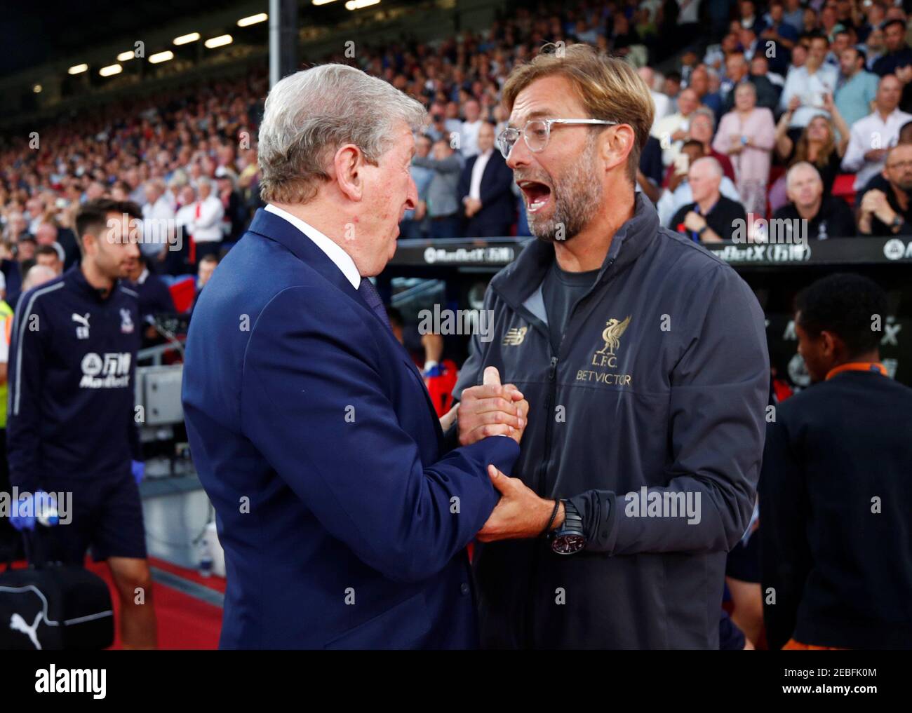 Soccer Football - Premier League - Crystal Palace v Liverpool - Selhurst Park, London, Britain - August 20, 2018  Crystal Palace manager Roy Hodgson with Liverpool manager Juergen Klopp before the match             REUTERS/Eddie Keogh  EDITORIAL USE ONLY. No use with unauthorized audio, video, data, fixture lists, club/league logos or 'live' services. Online in-match use limited to 75 images, no video emulation. No use in betting, games or single club/league/player publications.  Please contact your account representative for further details. Stock Photo