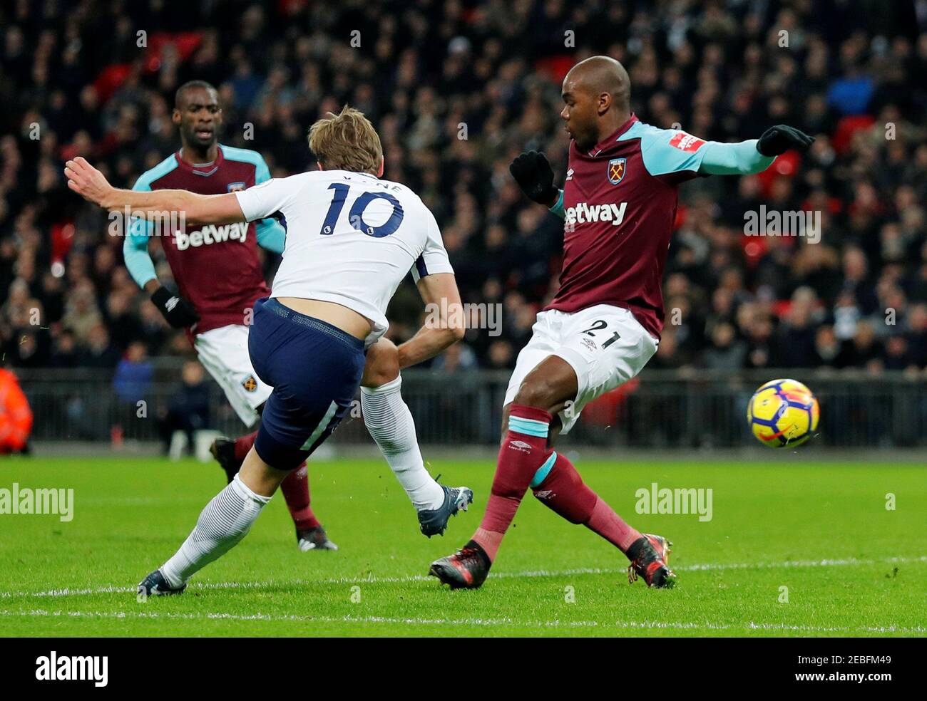 Soccer Football - Premier League - Tottenham Hotspur vs West Ham United - Wembley Stadium, London, Britain - January 4, 2018   Tottenham's Harry Kane hits the ball across goal leading to West Ham United's Winston Reid (not pictured) scoring an own goal which is later disallowed   REUTERS/Eddie Keogh    EDITORIAL USE ONLY. No use with unauthorized audio, video, data, fixture lists, club/league logos or 'live' services. Online in-match use limited to 75 images, no video emulation. No use in betting, games or single club/league/player publications.  Please contact your account representative for  Stock Photo